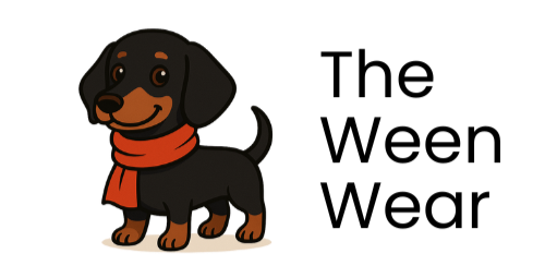 Cartoon dachshund wearing an orange scarf with 'The Ween Wear' text on a white background