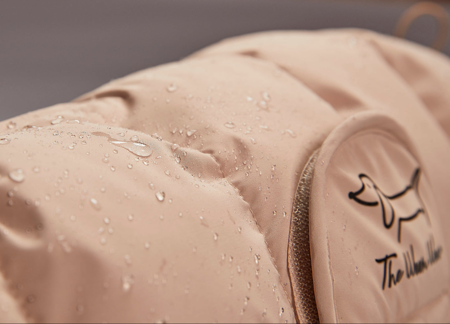Close-up of dachshund winter jacket with water droplets on it, featuring a brand logo.