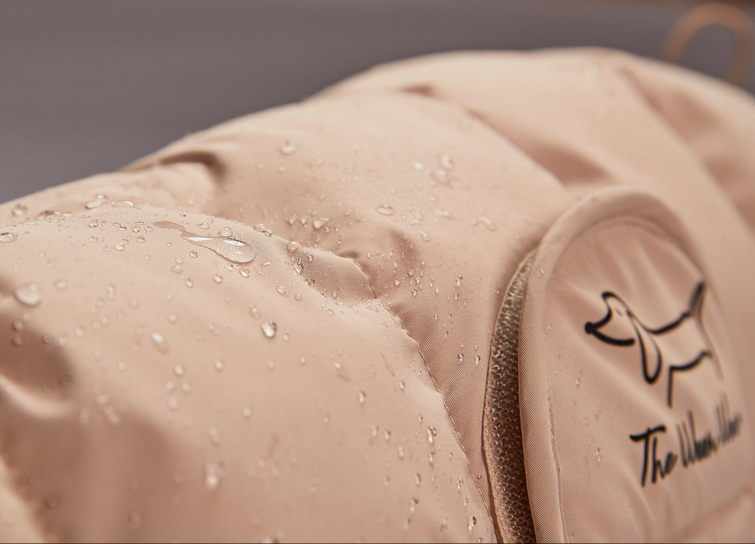 Close-up of dachshund winter jacket with water droplets on it, featuring a brand logo.